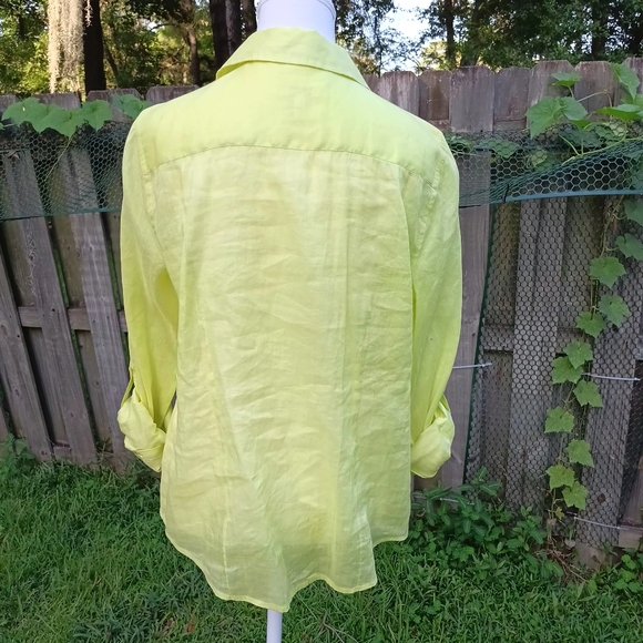 Chico's Size 1 Lemon Green Women Roll Up Sleeves  Ramie Linen&Cotton Blend Shirt - Picture 3 of 16